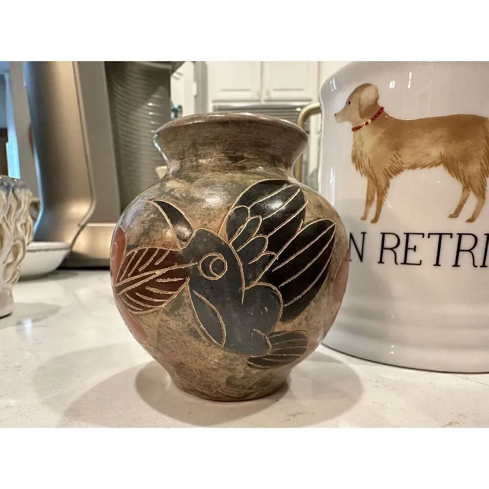 Vintage Costa Rica Art Pottery Vase Bird Flower Cut Away Design Hand-painted 4